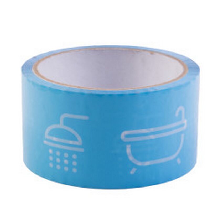 Blaues Klebeband mit den Symbolen für Dusche und Badewanne.