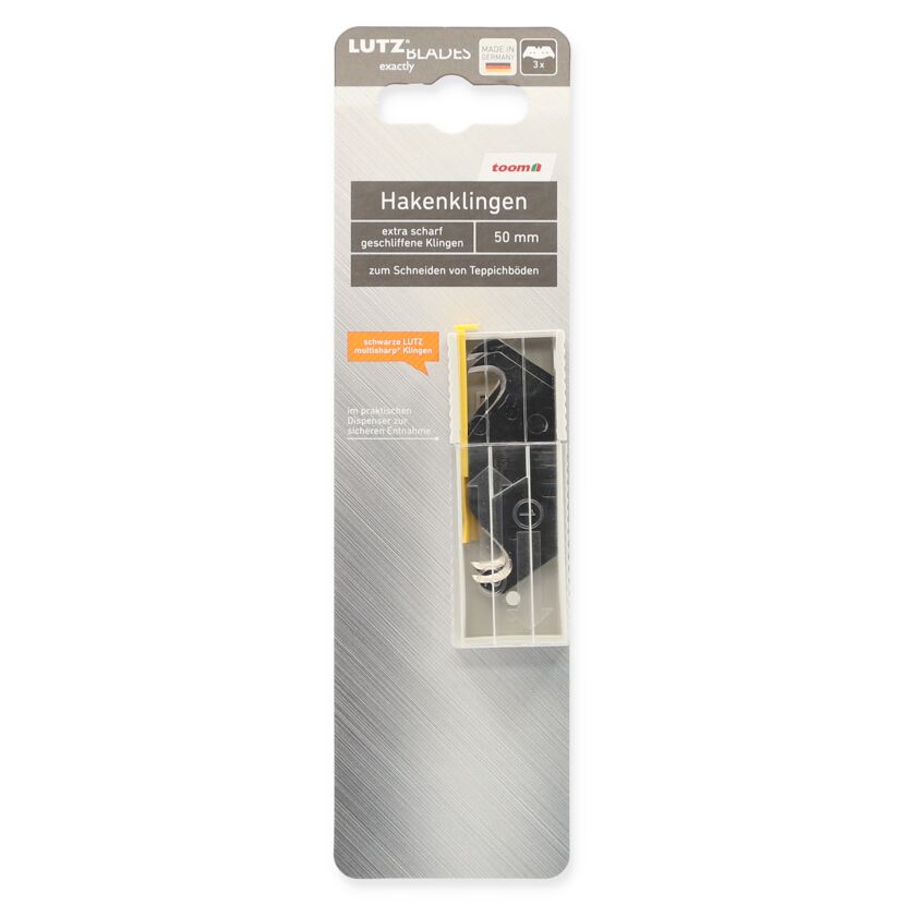 Drei Hakenklingen zum Schneiden von Teppichböden in Verpackung