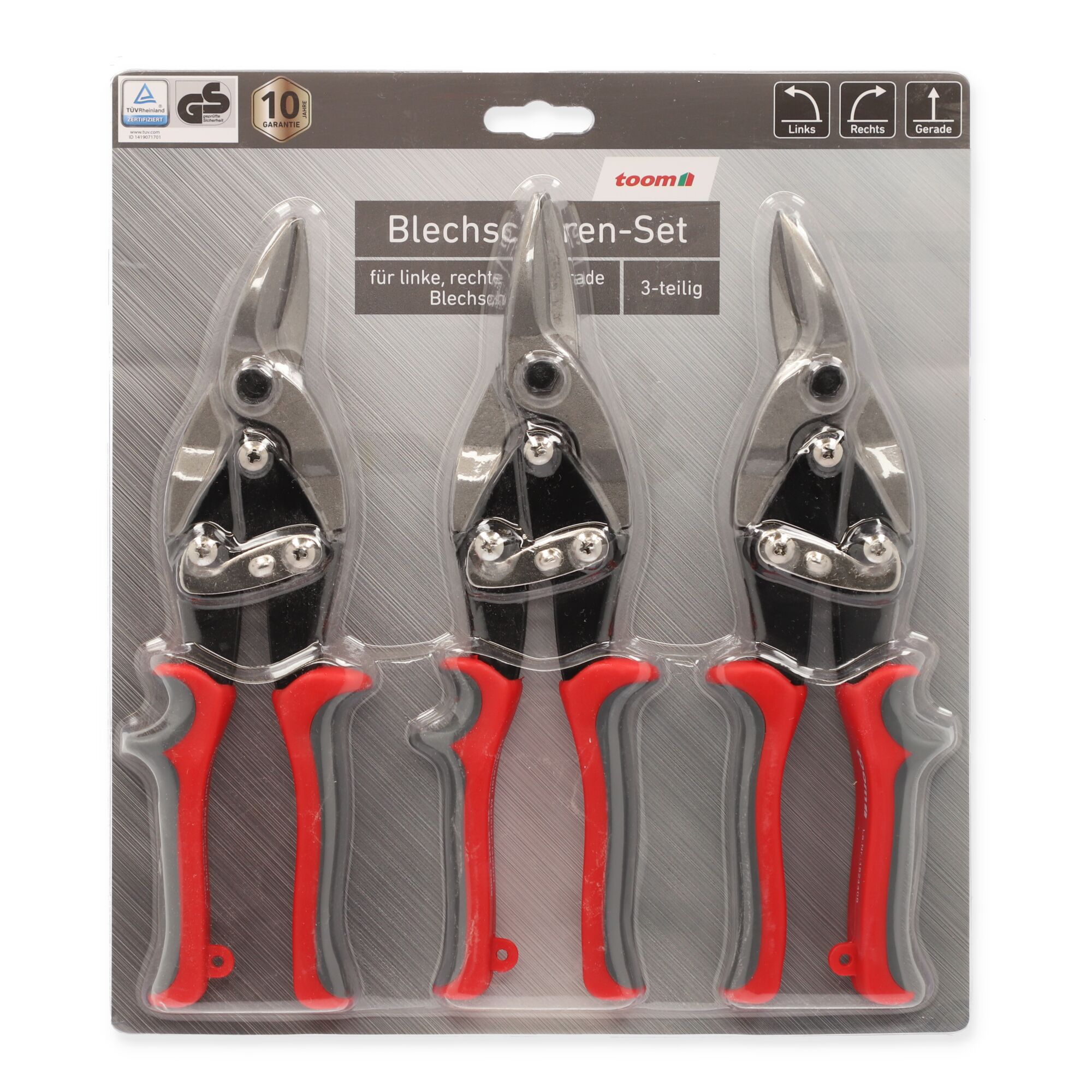 Drei Blechscheren für Links-, Rechts- und Geradeschnitte