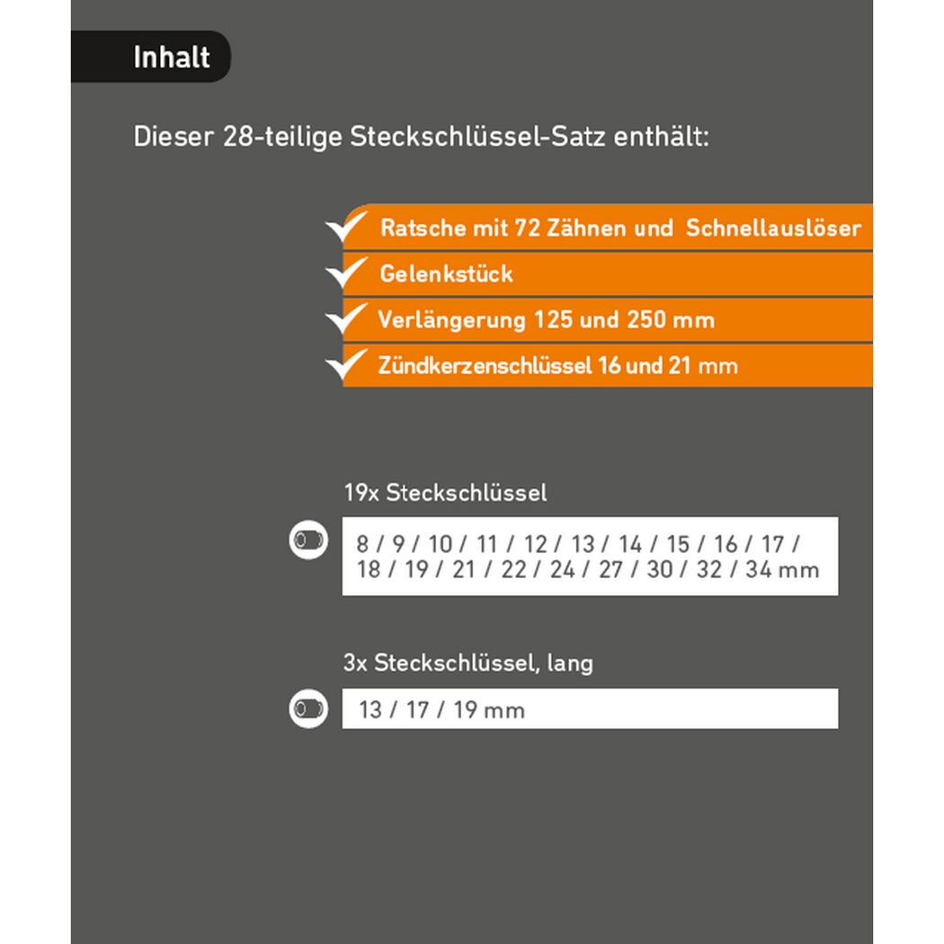 28-teiliger Steckschlüsselsatz Inhalt