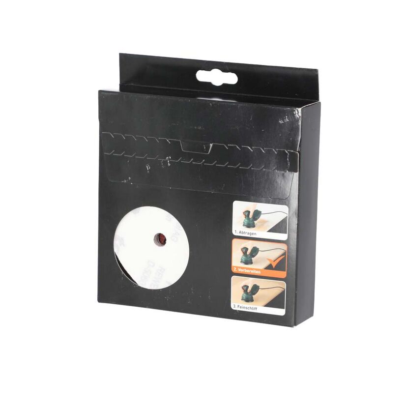 Schleifpapier-Set mit Schleifmaschine auf der Verpackung