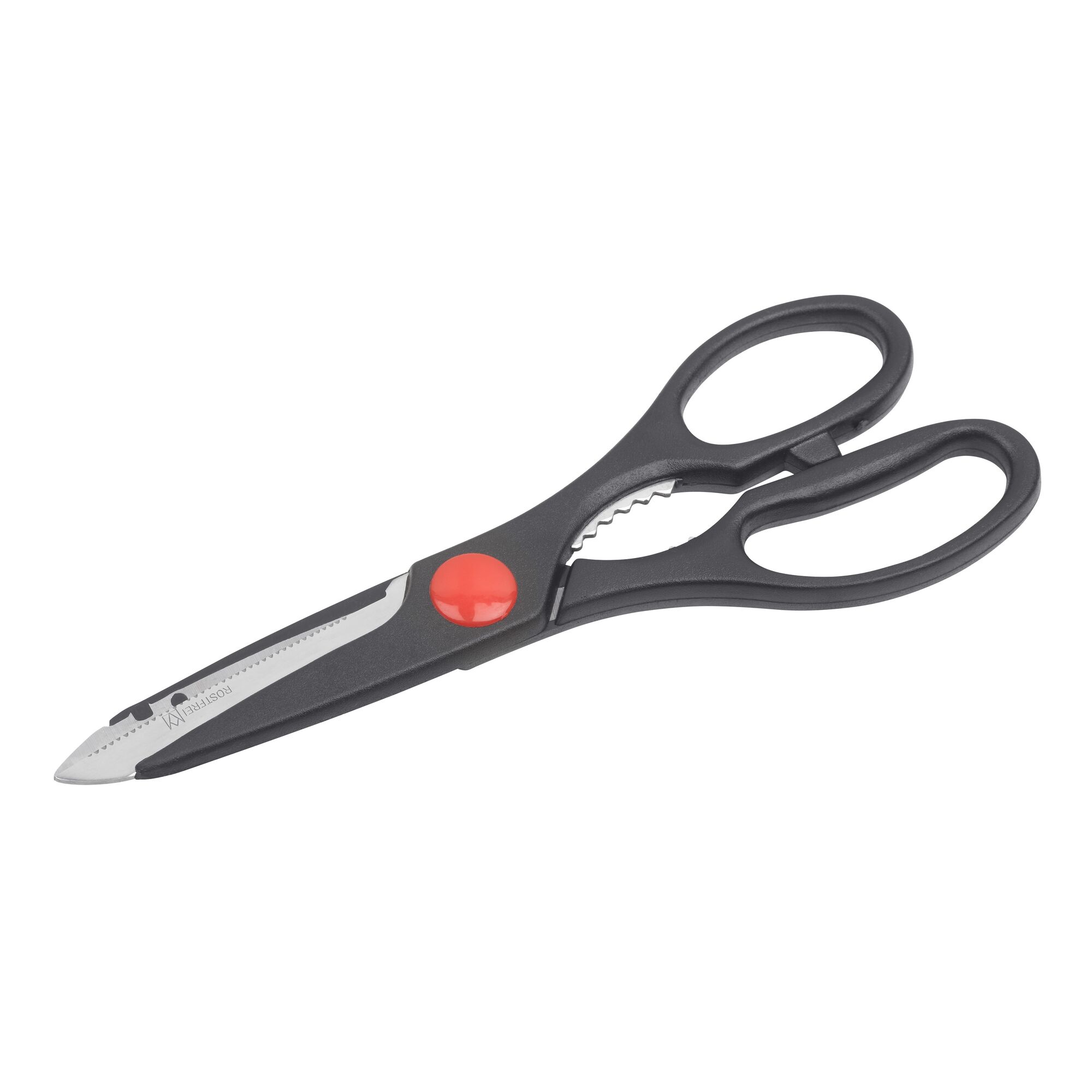 Rostfreie Allzweckschere mit schwarzen Griffen und rotem Knopf.