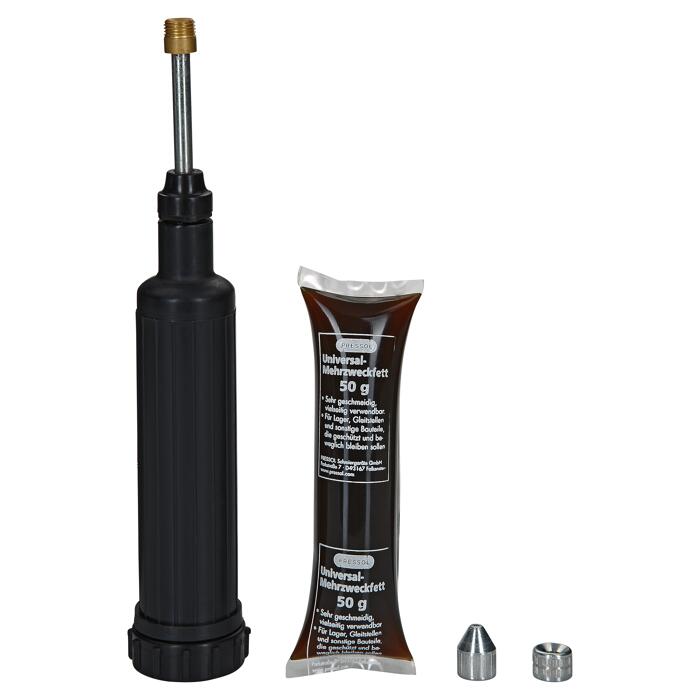 Anesty Einhandfettpresse, Profi 7000PSI, Handfettpresse, Set mit G-Kupplung, Spitzmundstück, 2 Flexschläuchen, Düsenrohr.