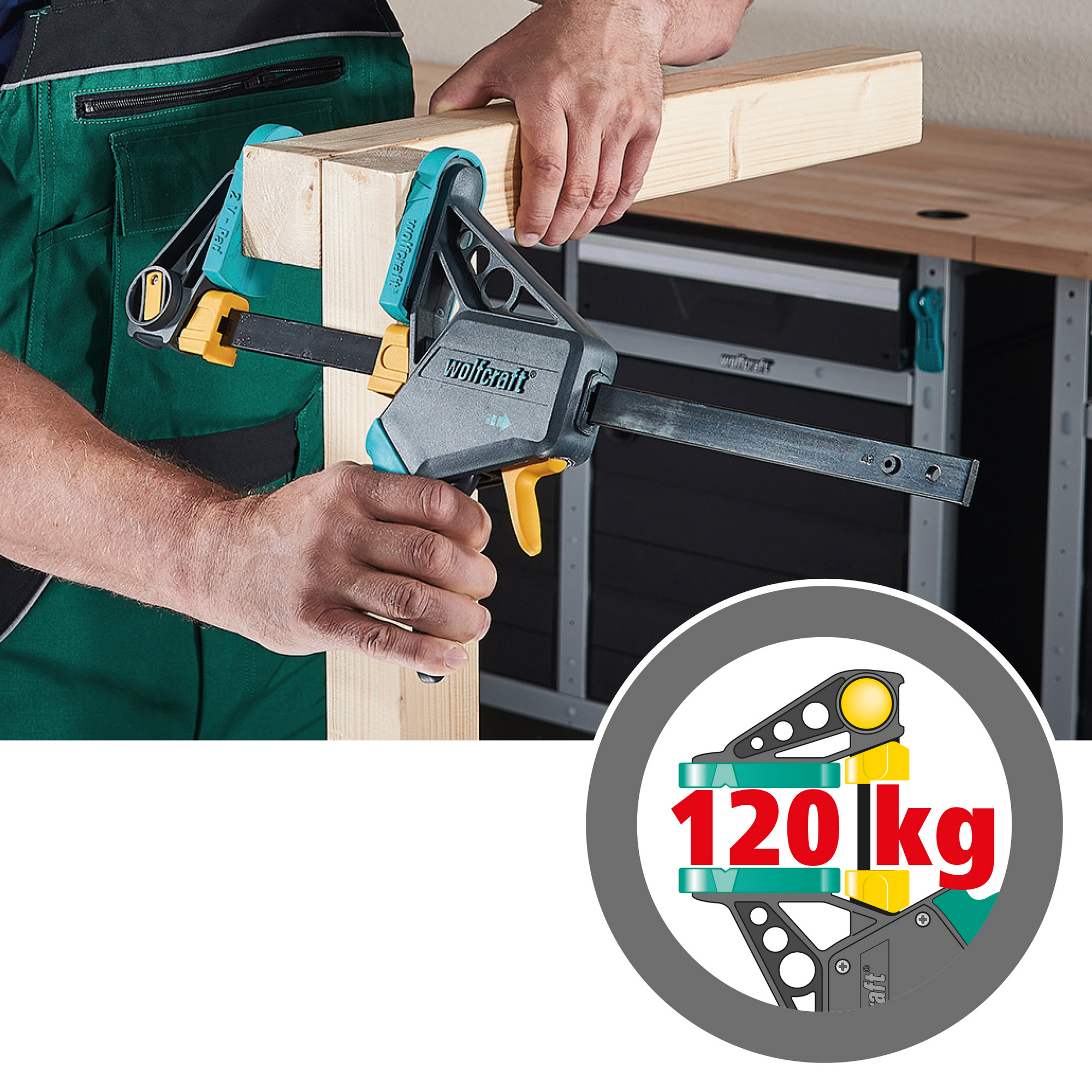 Person verwendet Einhandzwinge von Wolfcraft an Holz.