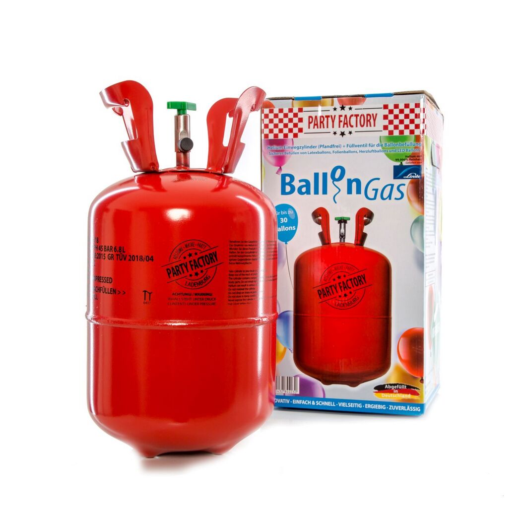 Ballongasflasche von Party Factory mit Verpackung