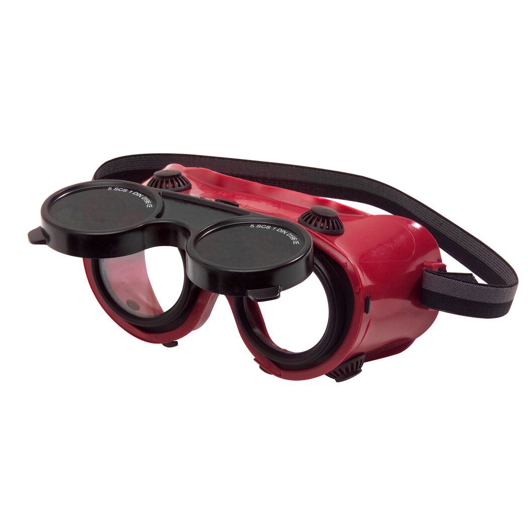 Rote Schutzbrille mit hochgeklappten Gläsern