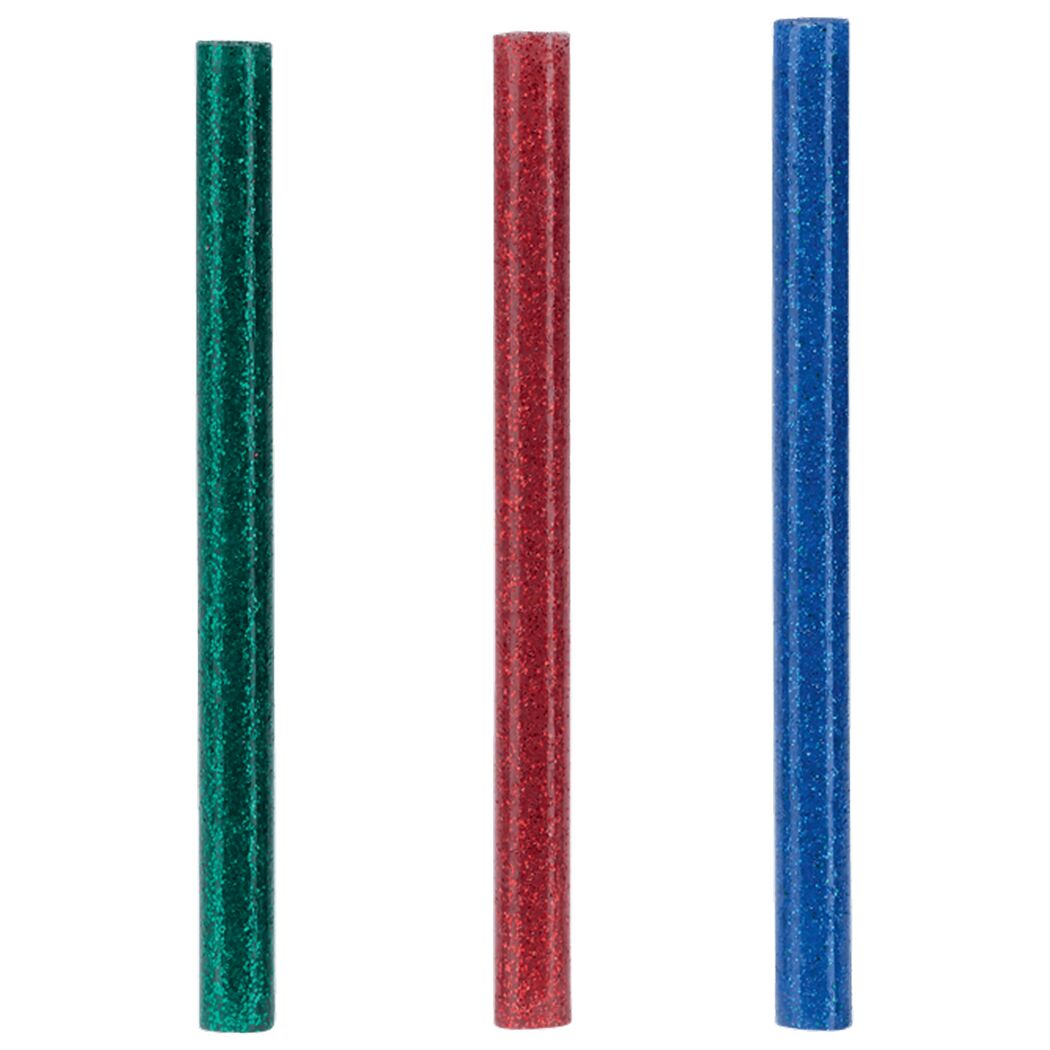 Drei Glitzer-Heißklebesticks in grün, rot und blau