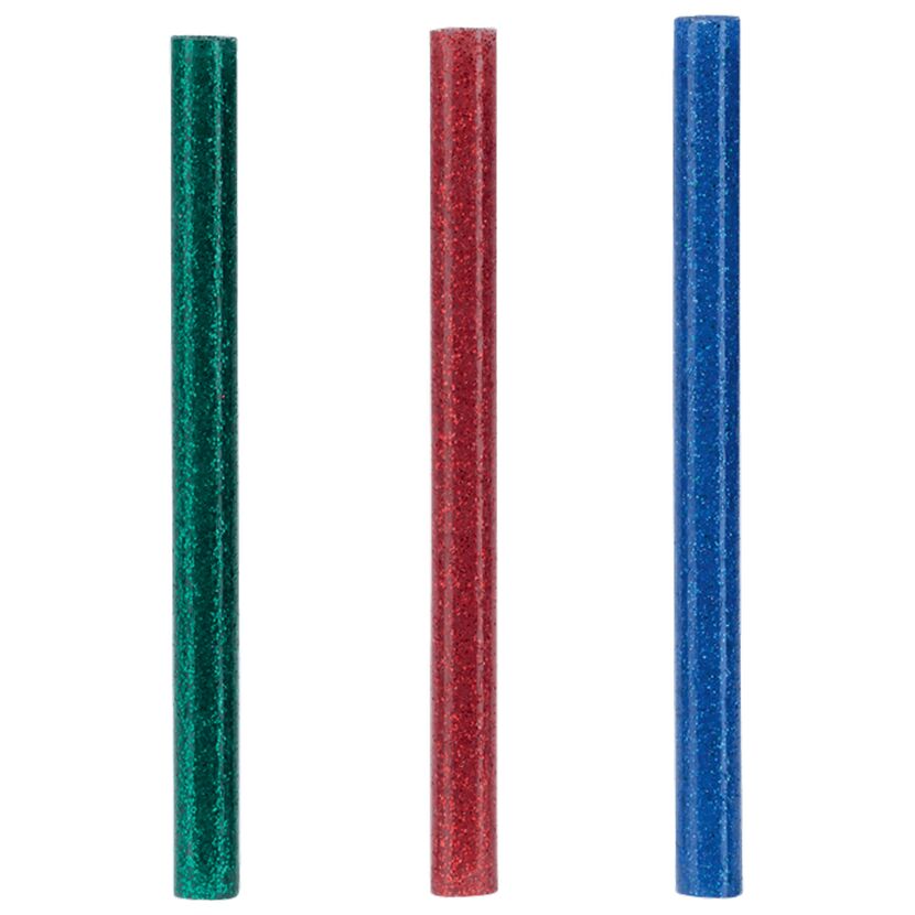 Drei Glitzer-Heißklebesticks in grün, rot und blau
