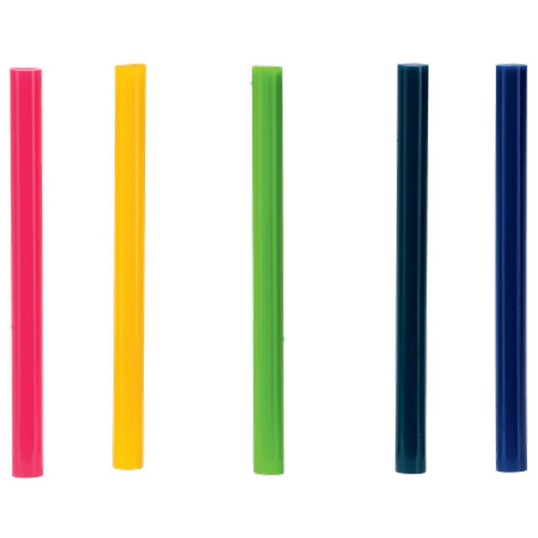 Fünf Klebestifte in Pink, Gelb, Grün, Dunkelblau und Blau.