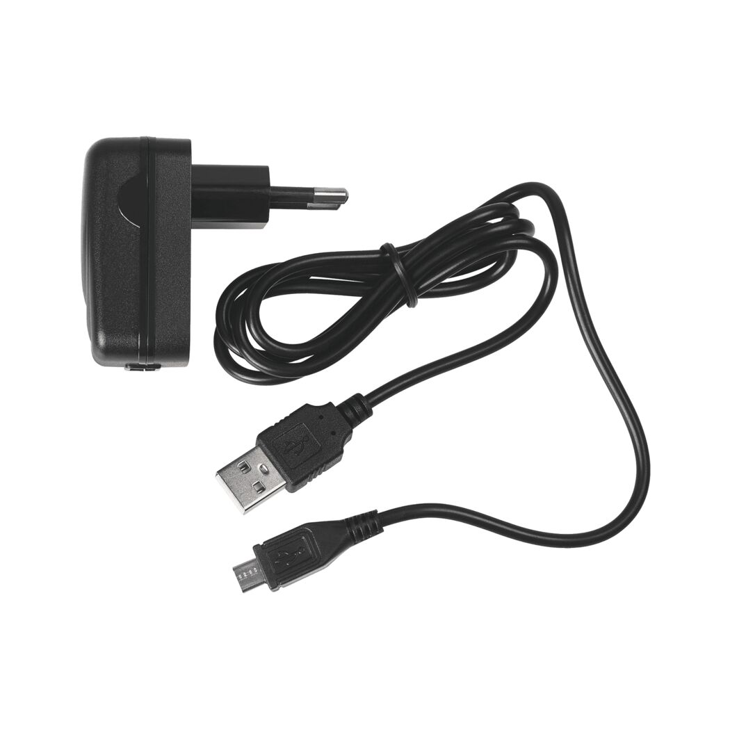 Schwarzes Ladegerät mit Kabel und Stecker