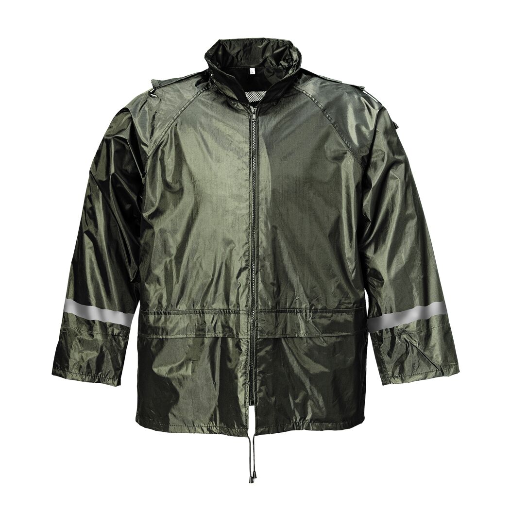 Oliygrüne Regenjacke mit Reflektorstreifen an den Ärmeln.
