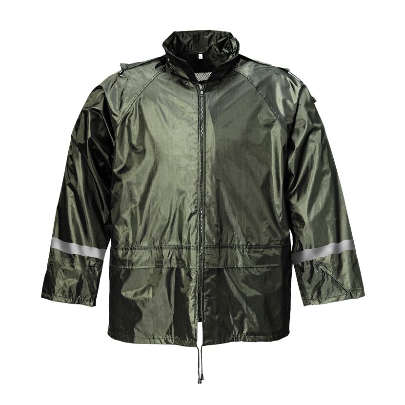 Oliygrüne Regenjacke mit Reflektorstreifen an den Ärmeln.