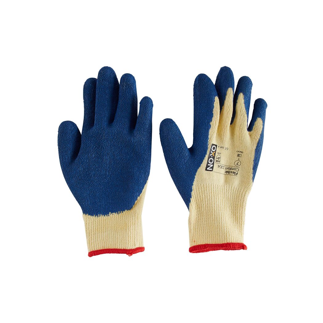 Ein Paar blauer und beiger Arbeitshandschuhe der Marke NOXO.