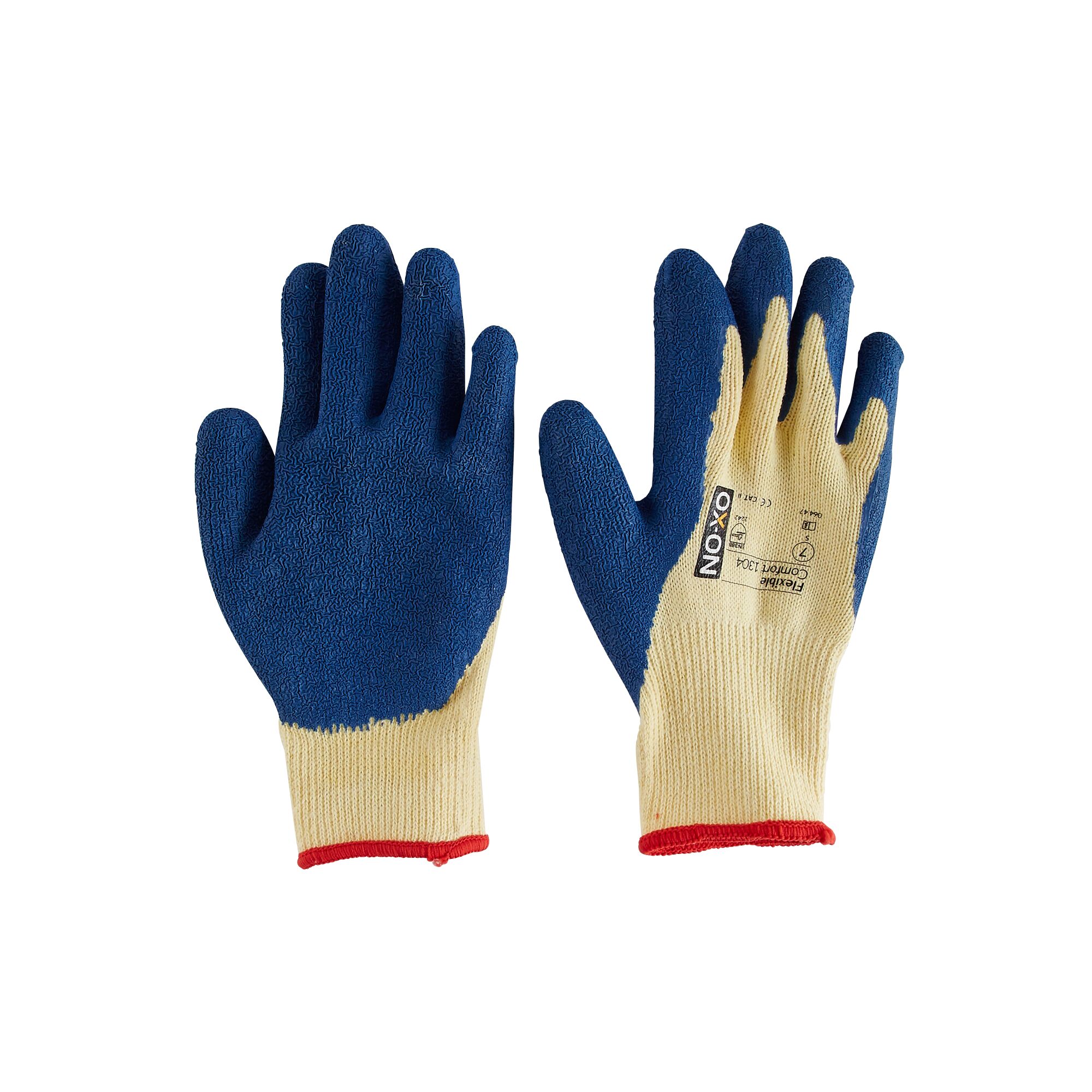 Ein Paar blauer und beiger Arbeitshandschuhe der Marke NOXO.