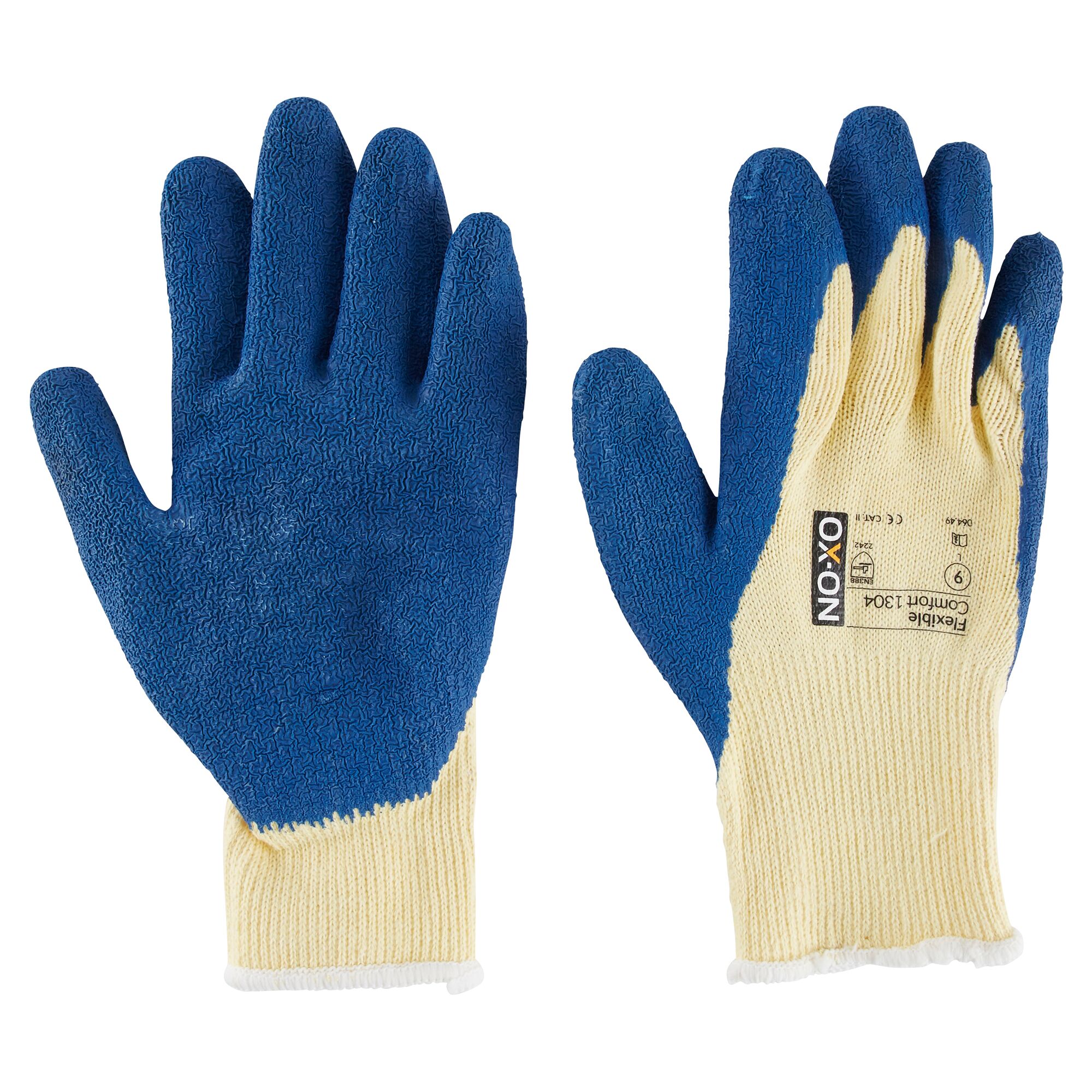 Zwei OX-ON Arbeitshandschuhe mit blau beschichteten Handflächen und gelben Bündchen.