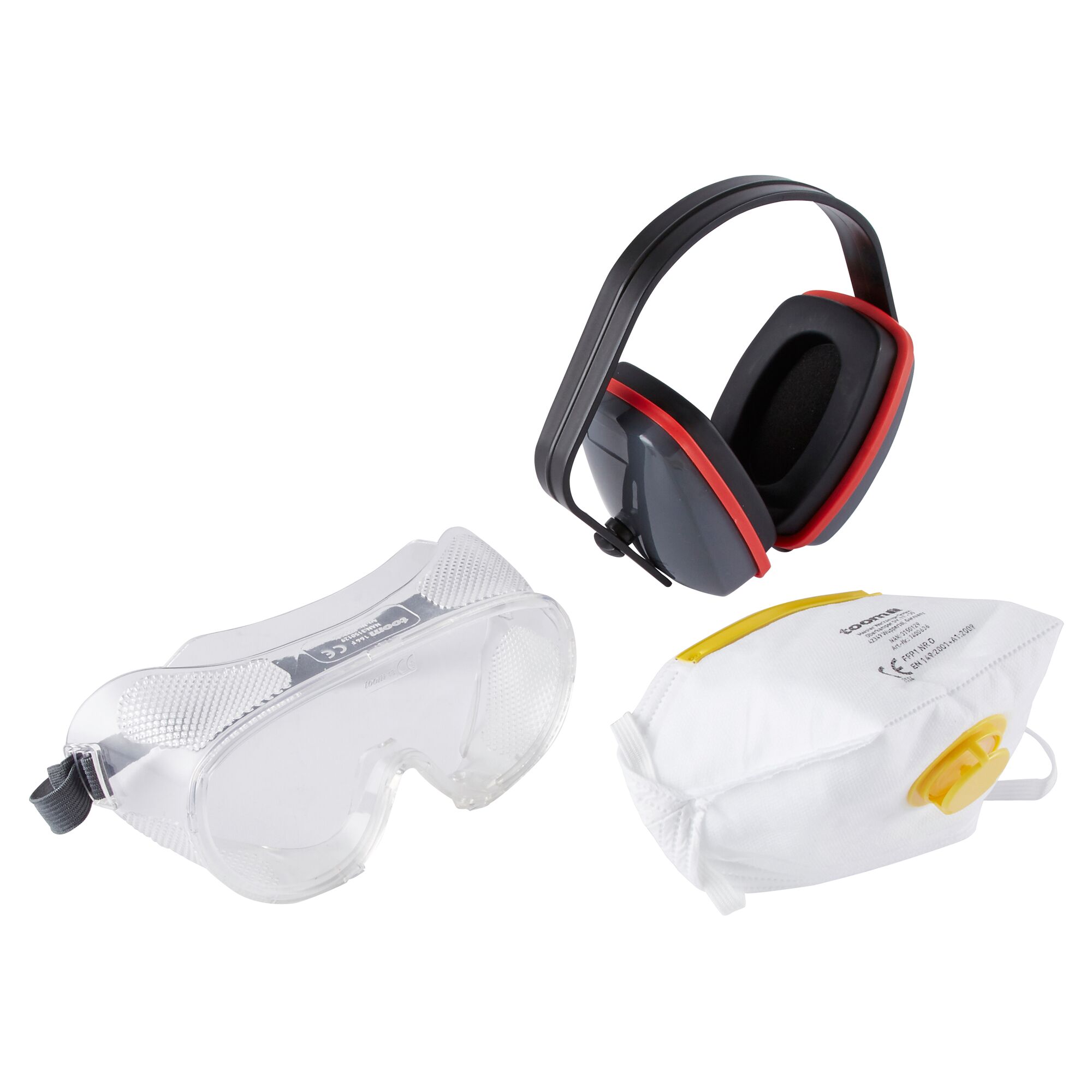 Arbeitsschutz-Set: Schutzbrille, Atemschutzmaske und Gehörschutz