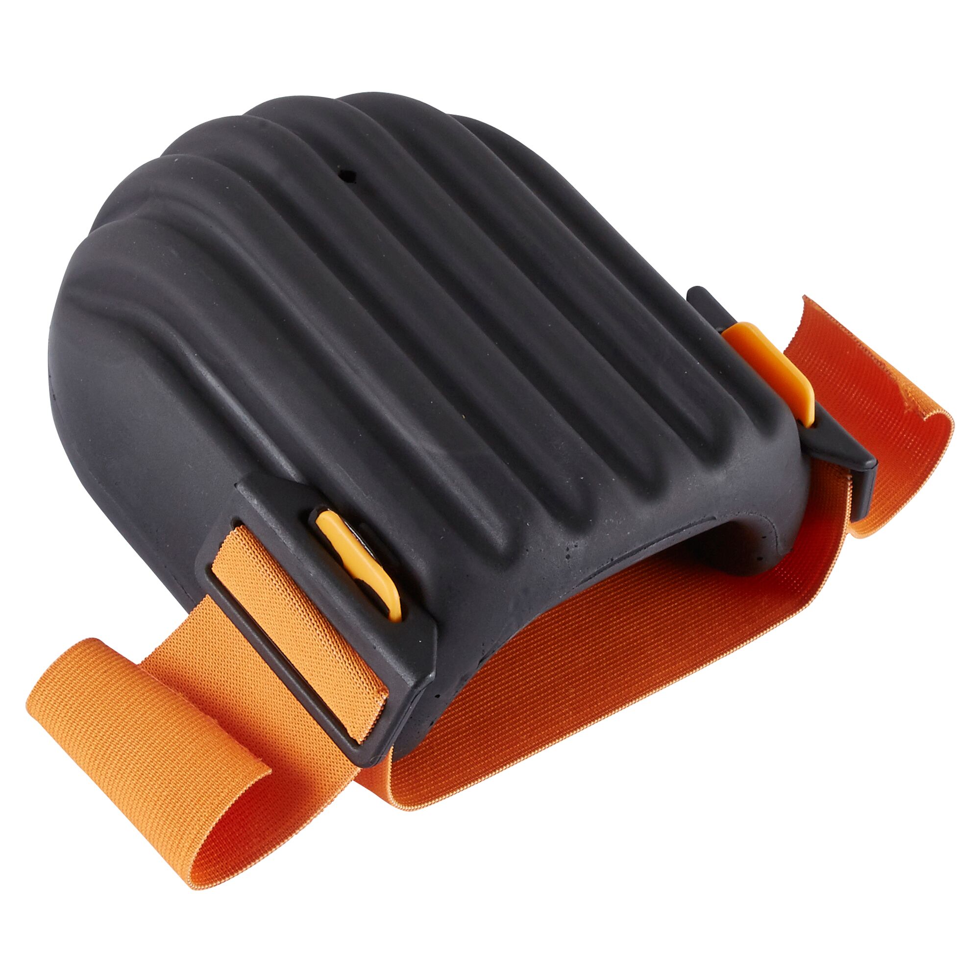 Schwarzer Knieschoner mit orangefarbenen Riemen