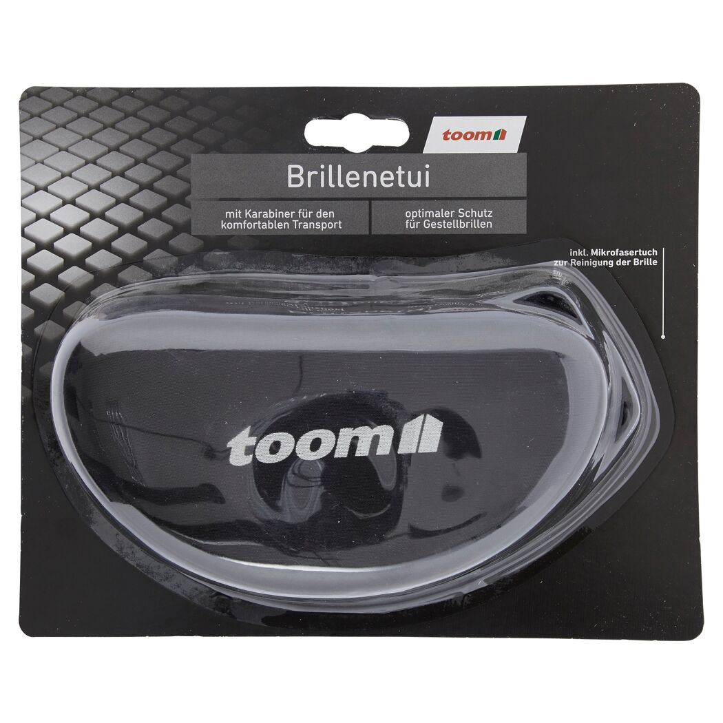 Schwarzes Brillenetui von toom mit Karabinerhaken.