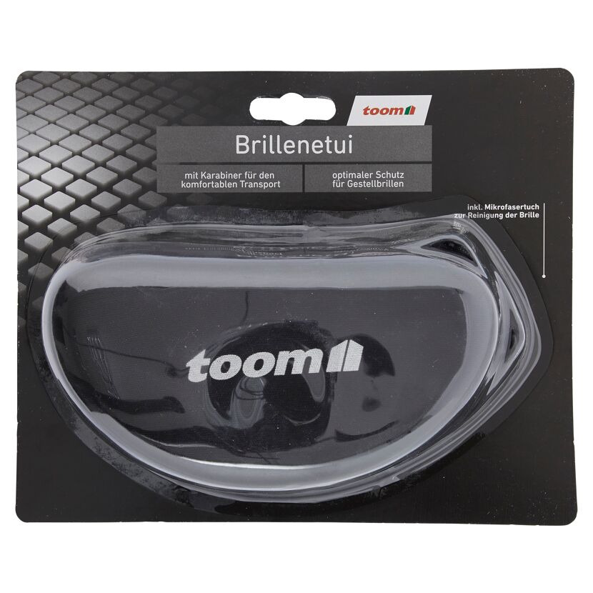 Schwarzes Brillenetui von toom mit Karabinerhaken.