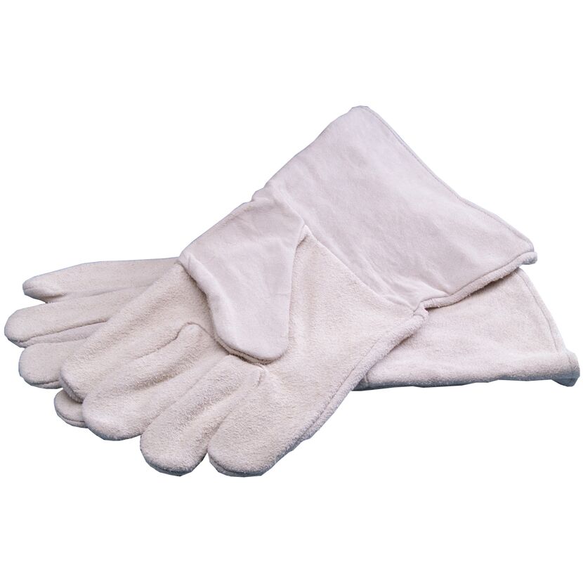 Ein Paar weiße Schweißerhandschuhe.