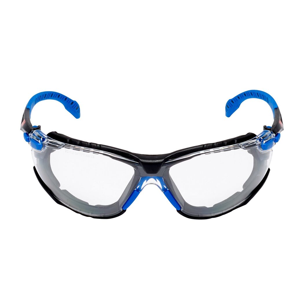 Schutzbrille mit klaren Gläsern und blauen Bügeln