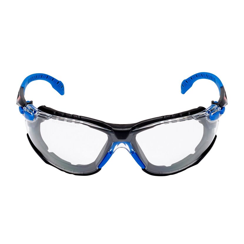 Schutzbrille mit klaren Gläsern und blauen Bügeln