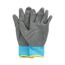Ein Paar graue und blaue Gartenhandschuhe.