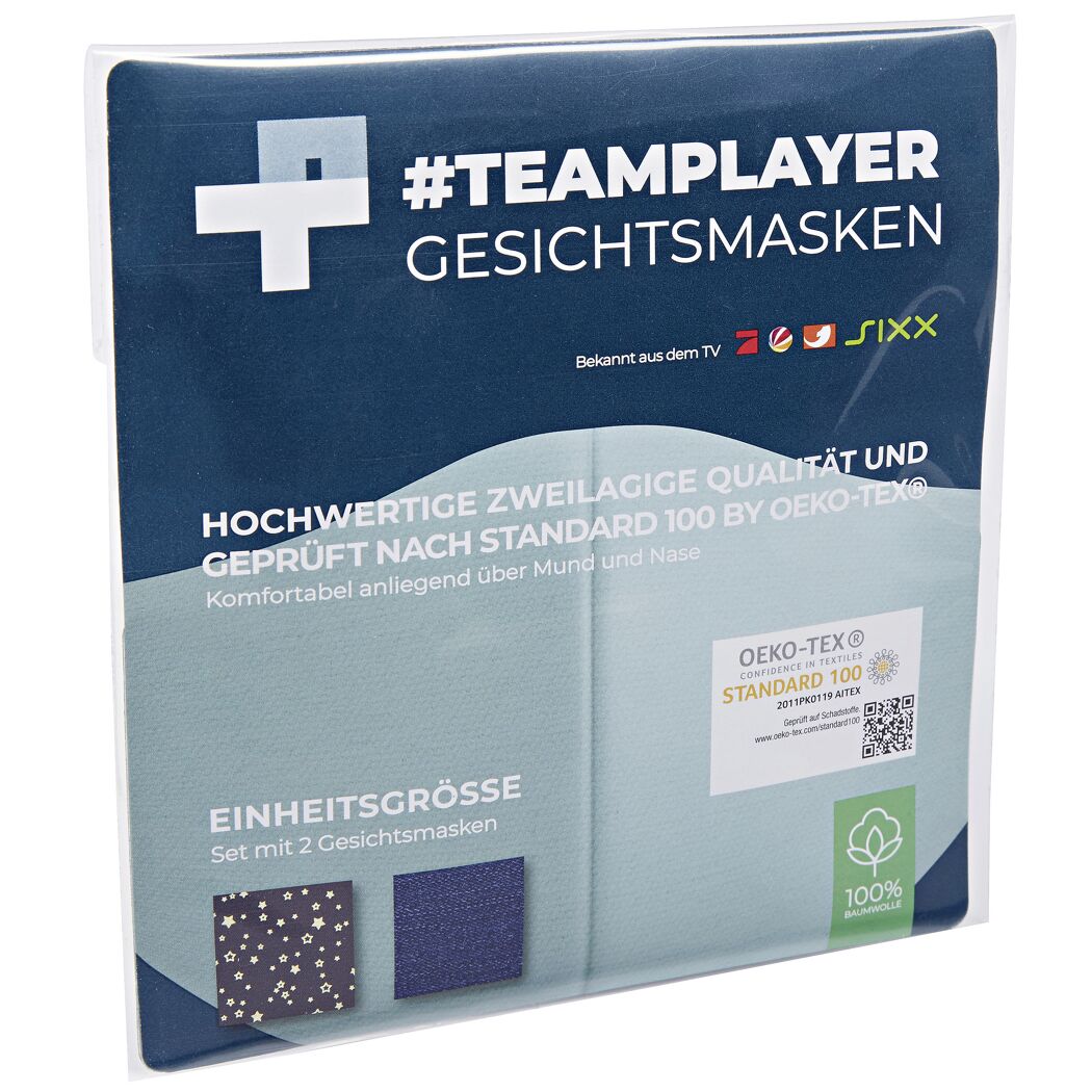 Zwei #Teamplayer Gesichtsmasken in der Verpackung