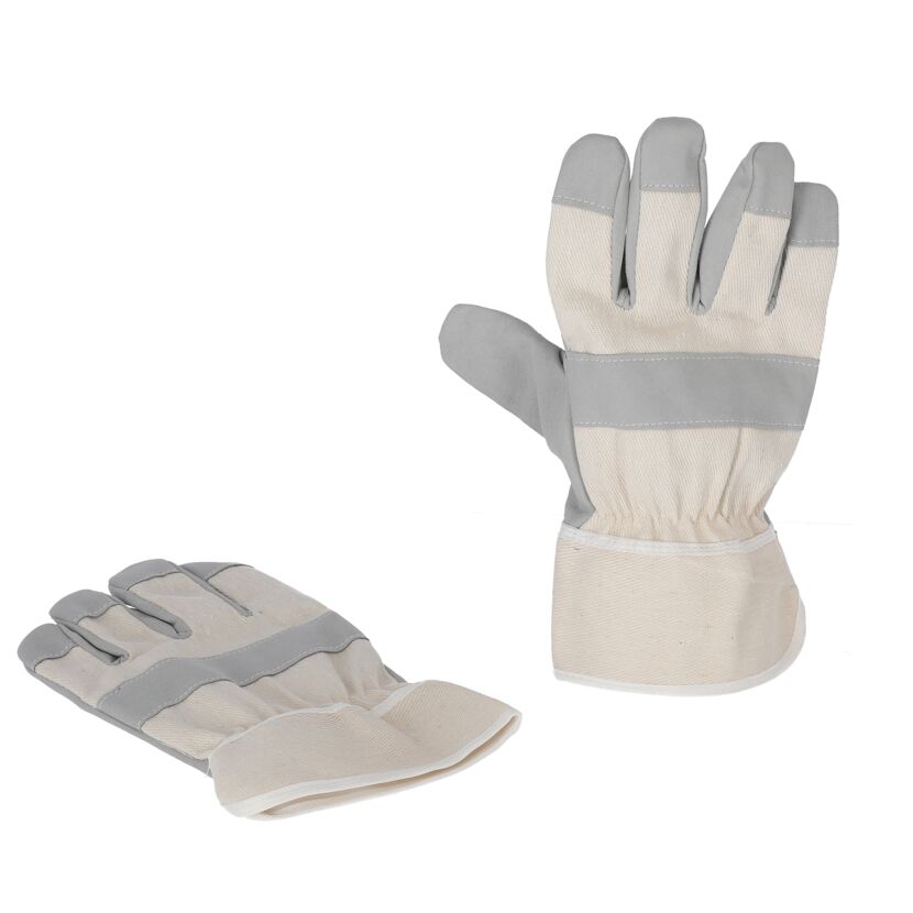 Zwei beige Arbeitshandschuhe mit grauer Handfläche