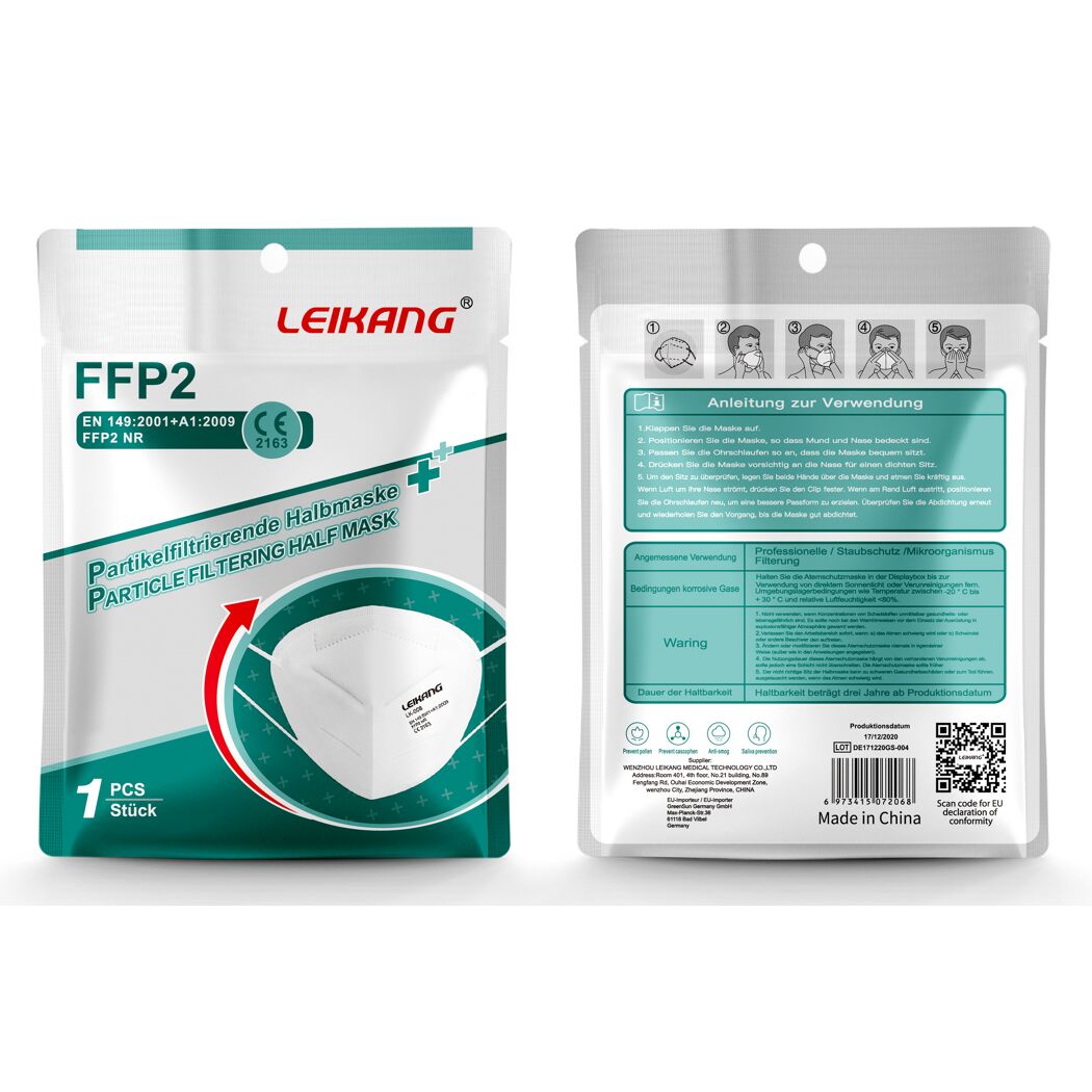 Einzeln verpackte weiße FFP2-Maske von Leikang
