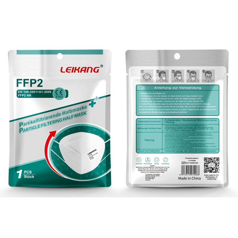 Einzeln verpackte weiße FFP2-Maske von Leikang