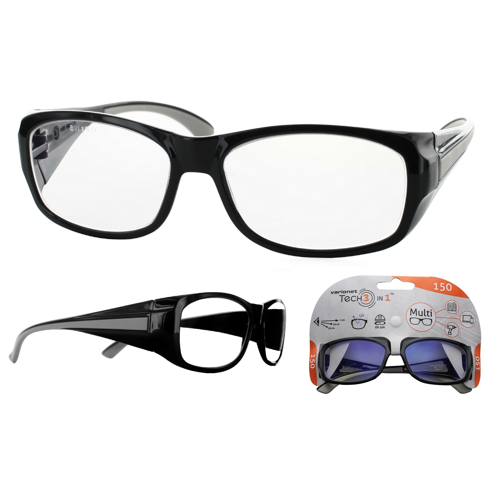 Multidistanz-Schutzbrille 'Tech 3in1 150' schwarz + 1,50 Dioptrien + product picture