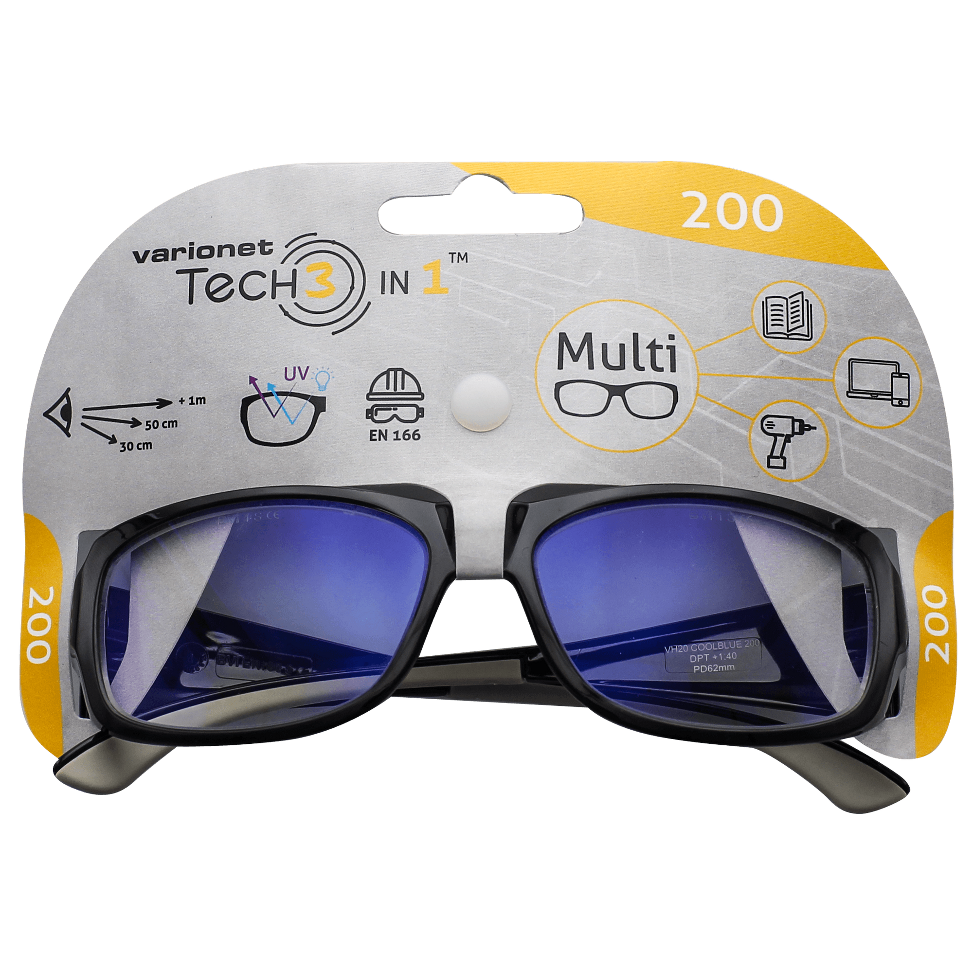 Multidistanz-Schutzbrille 'Tech 3in1 200' schwarz + 2,00 Dioptrien + product picture