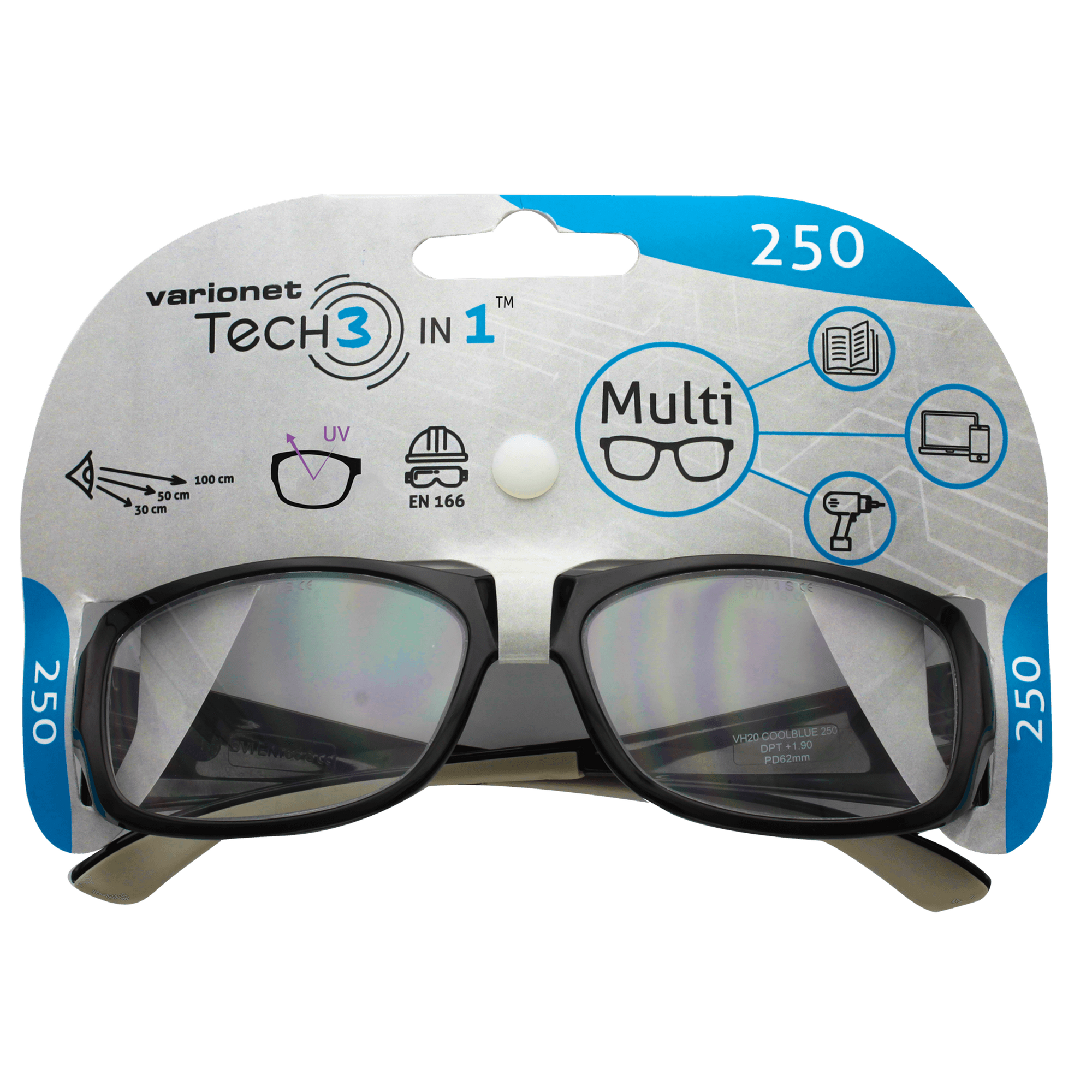 Multidistanz-Schutzbrille 'Tech 3in1 250' schwarz + 2,50 Dioptrien + product picture