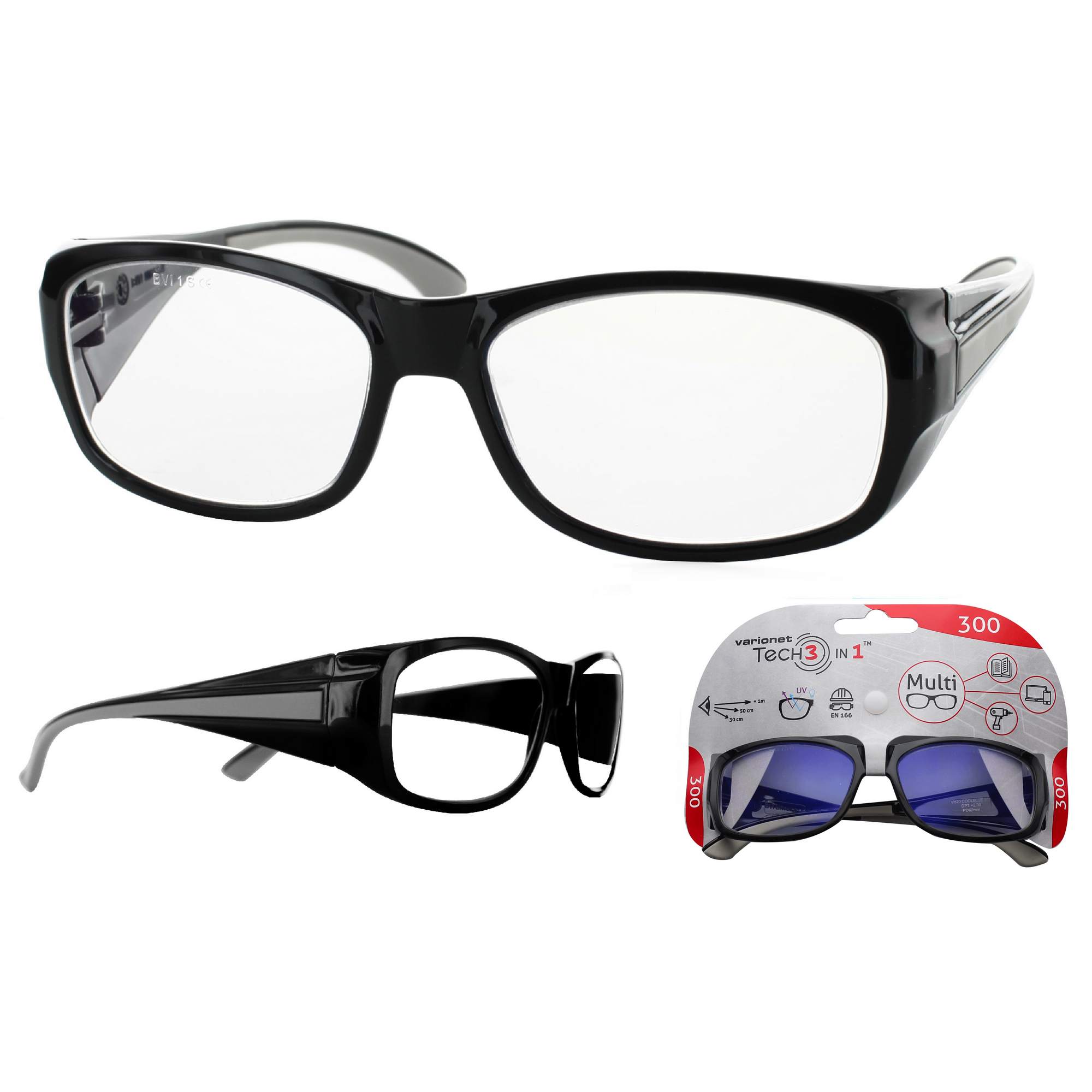 Multidistanz-Schutzbrille 'Tech 3in1 300' schwarz + 3,00 Dioptrien + product picture