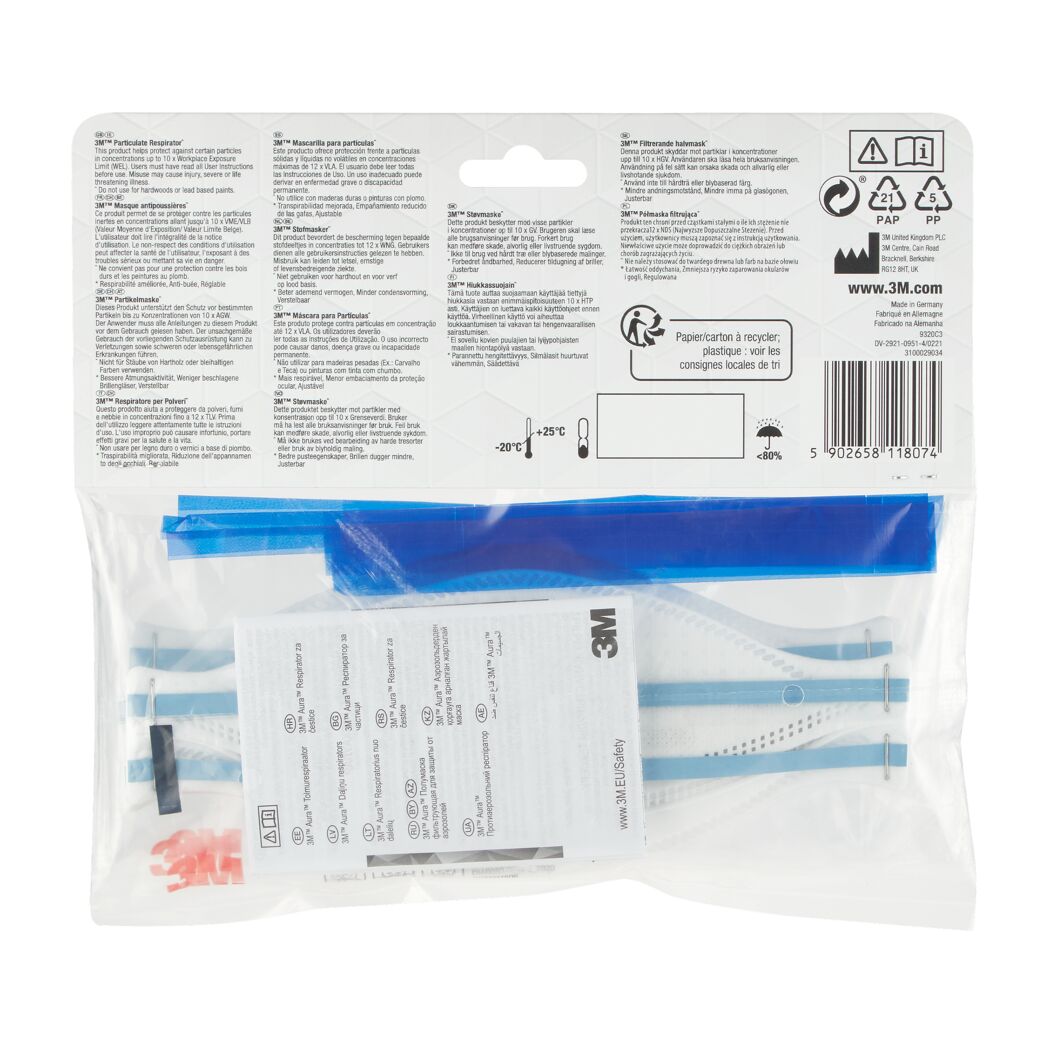3M™ Aura™ 9320+ Atemschutzmaske, Rückseite der Verpackung