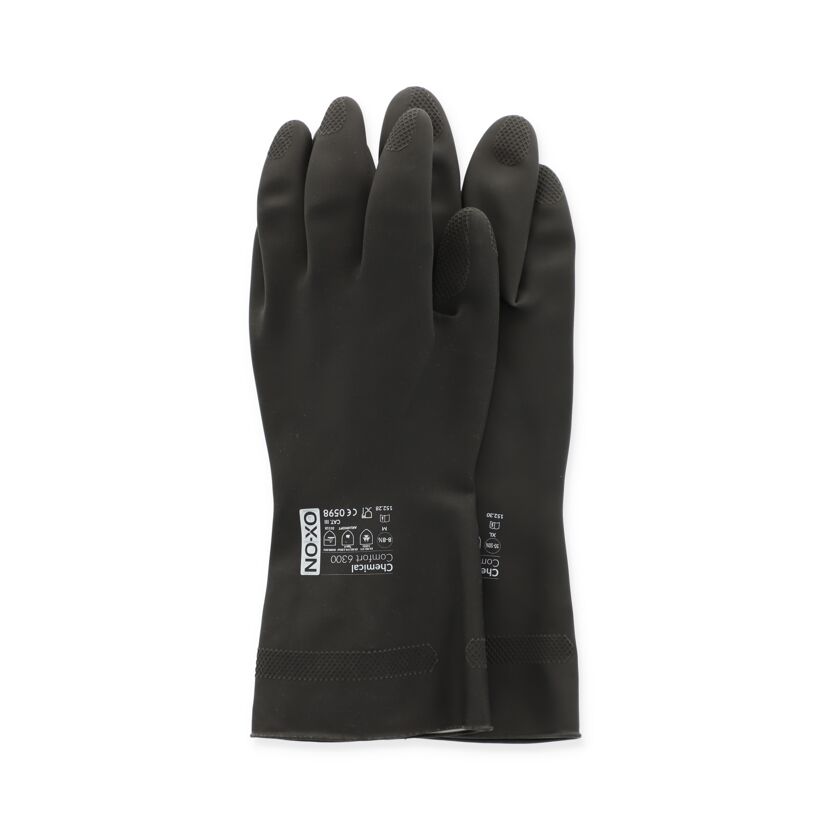 Ein Paar schwarze Chemiehandschuhe der Marke OX-ON.