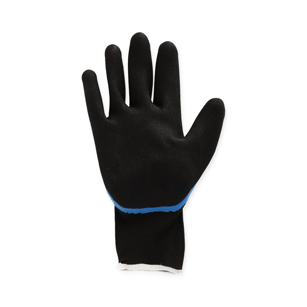 Schwarzer Arbeitshandschuh mit blauem Bund.
