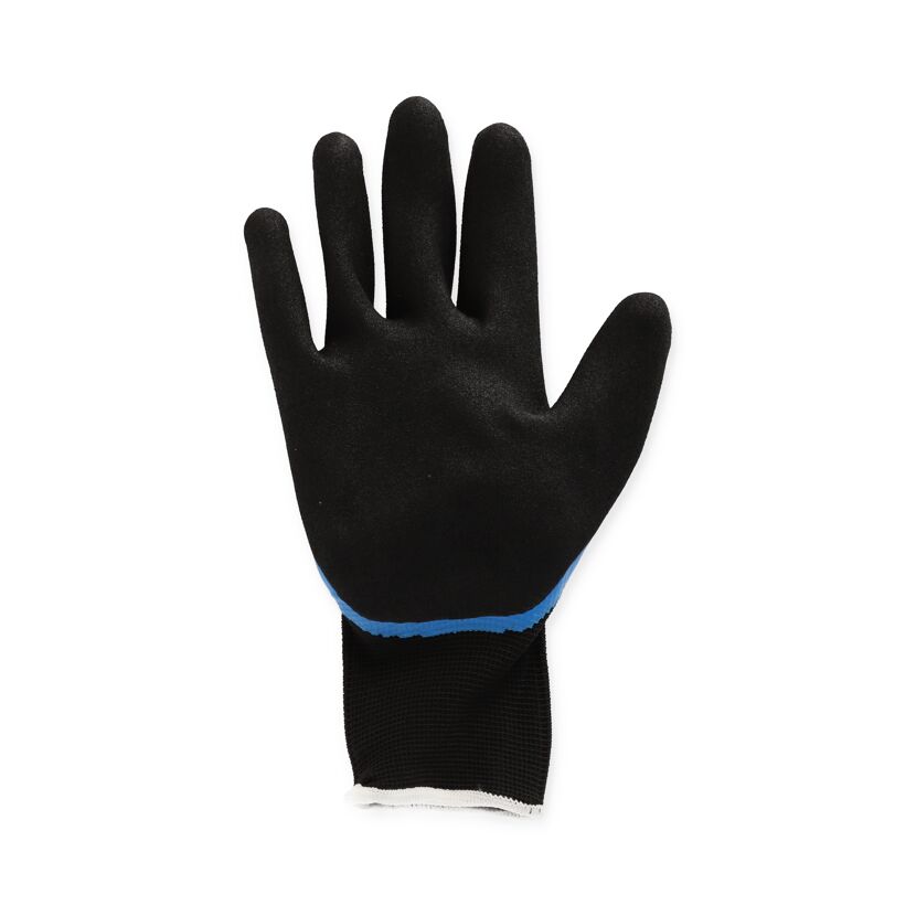 Schwarzer Arbeitshandschuh mit blauem Bund.