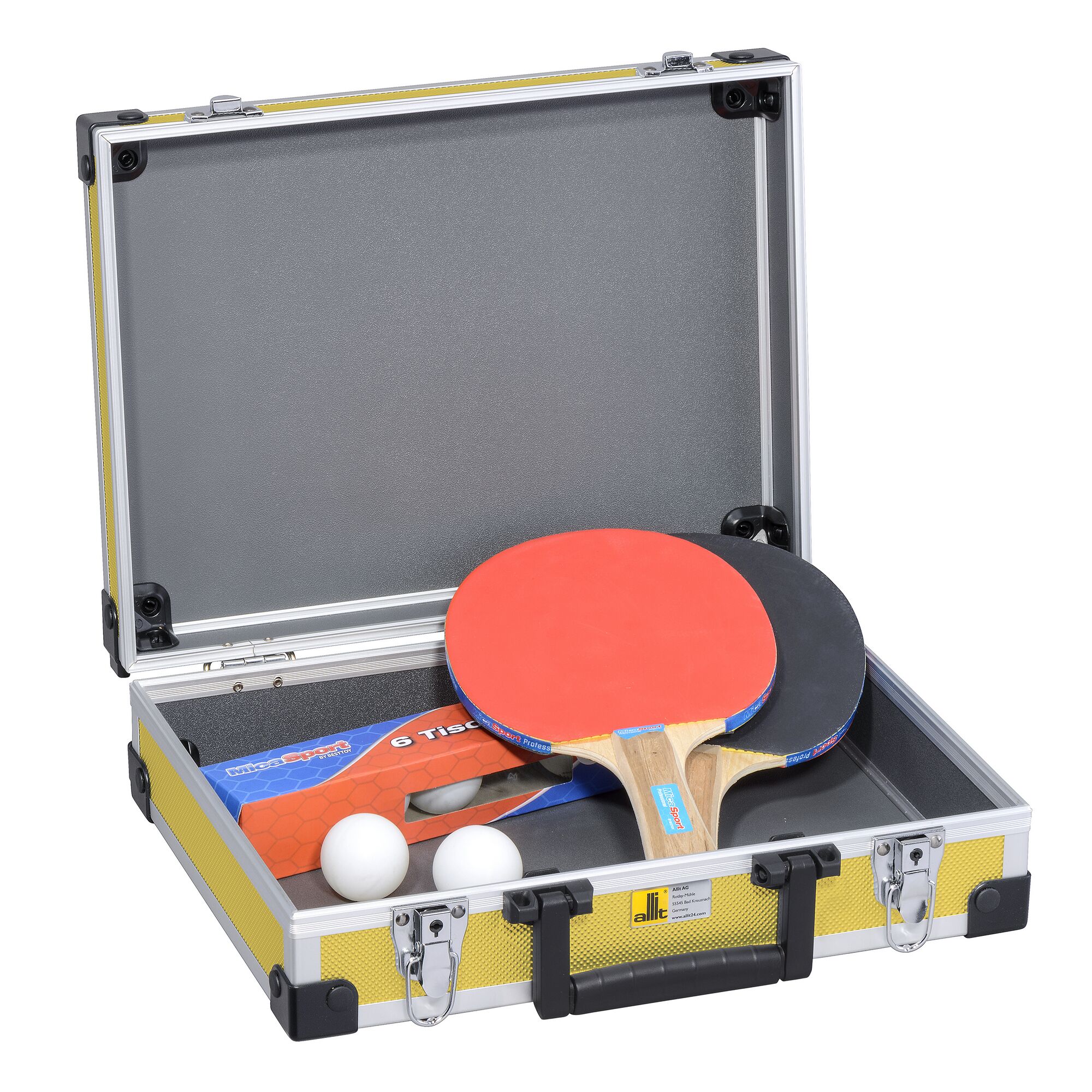 Gelber Tischtennisschlägerkoffer mit Schlägern und Bällen
