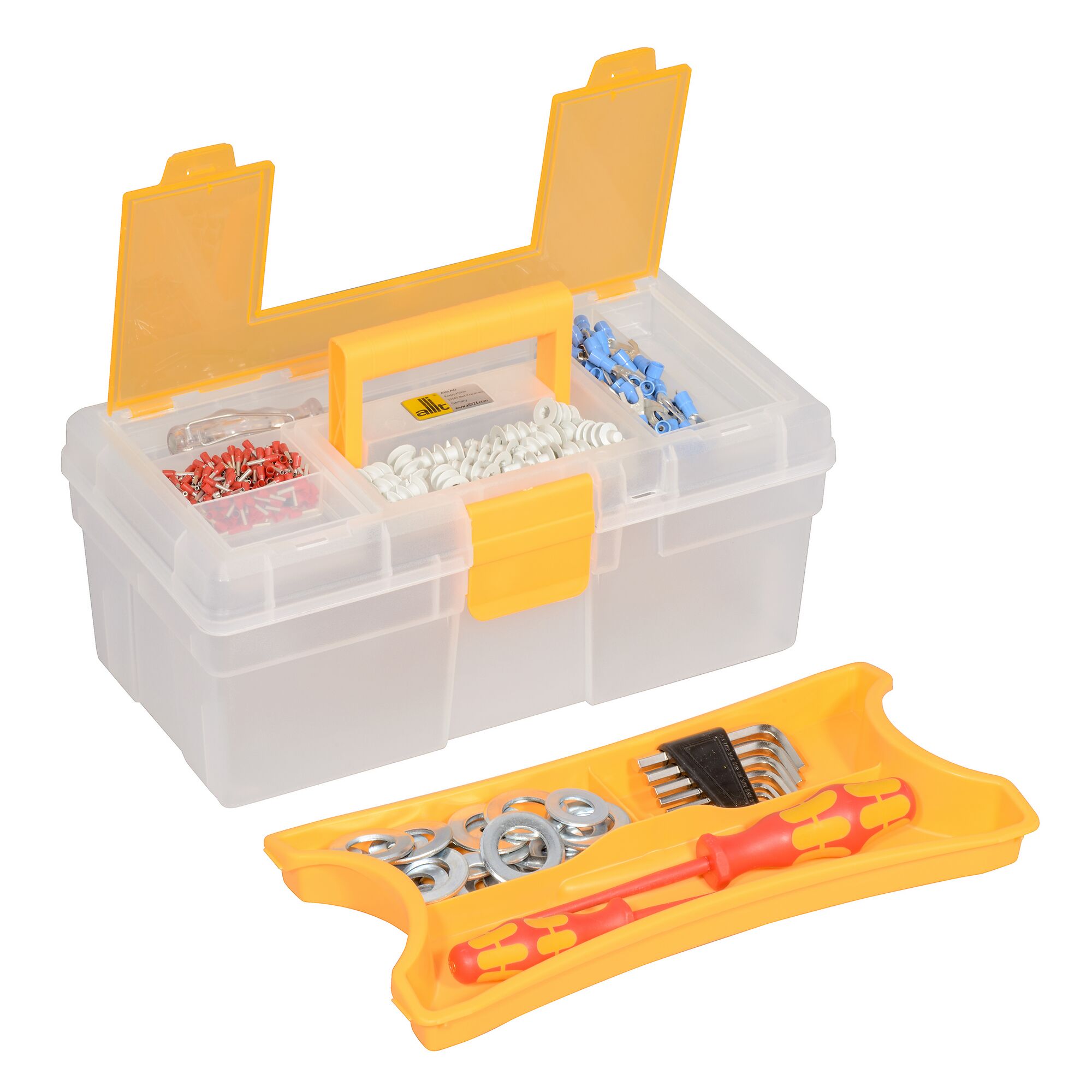 Werkzeugkasten mit Inbusschlüsseln, Schrauben, Dübeln und einem Schraubendreher