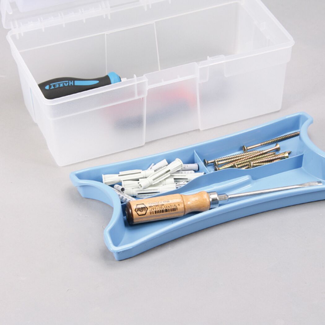 Schraubenzieher, Schrauben und Dübel in einer blauen Sortierbox und einer durchsichtigen Box