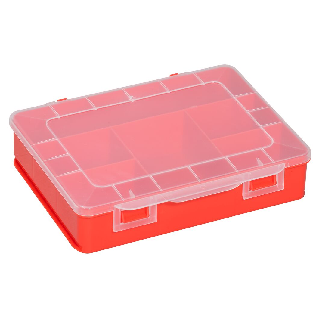 roter Sortimentskasten mit transparentem Deckel