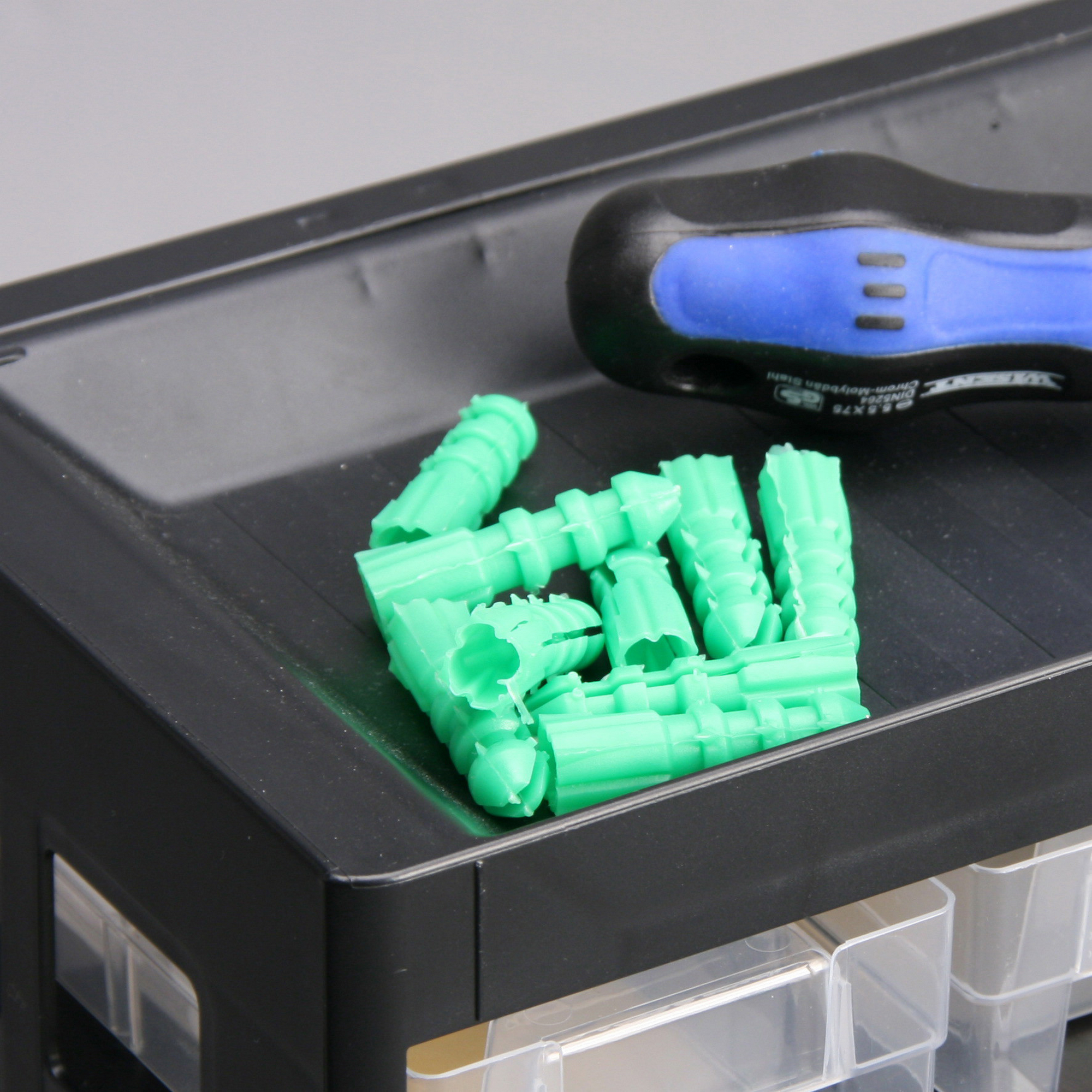 Grüner Kunststoffdübel und ein blauer Schraubendreher