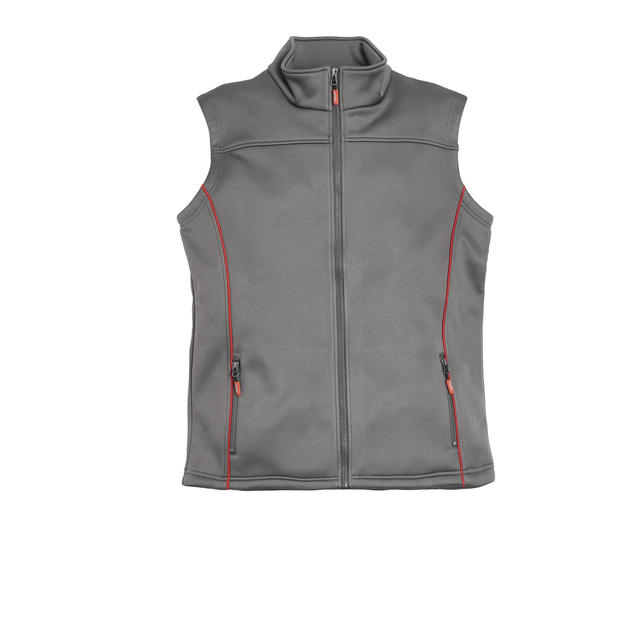 Graue Arbeitsweste mit roten Nähten und Reißverschlüssen.