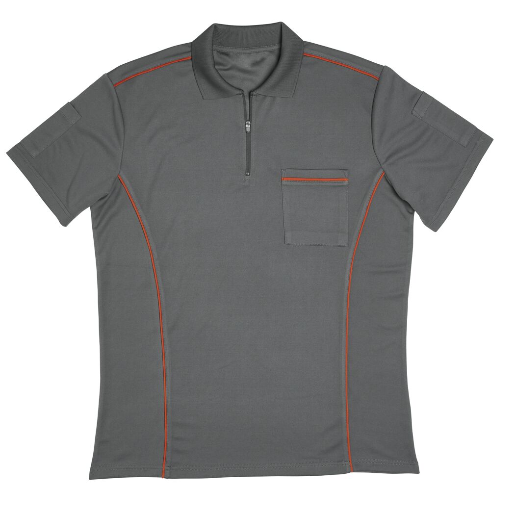 Graues Poloshirt mit orangenen Nähten und Brusttasche