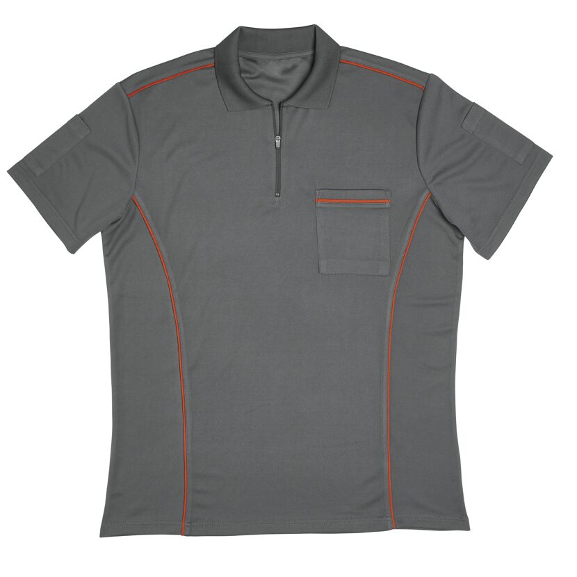 Graues Poloshirt mit orangenen Nähten und Brusttasche