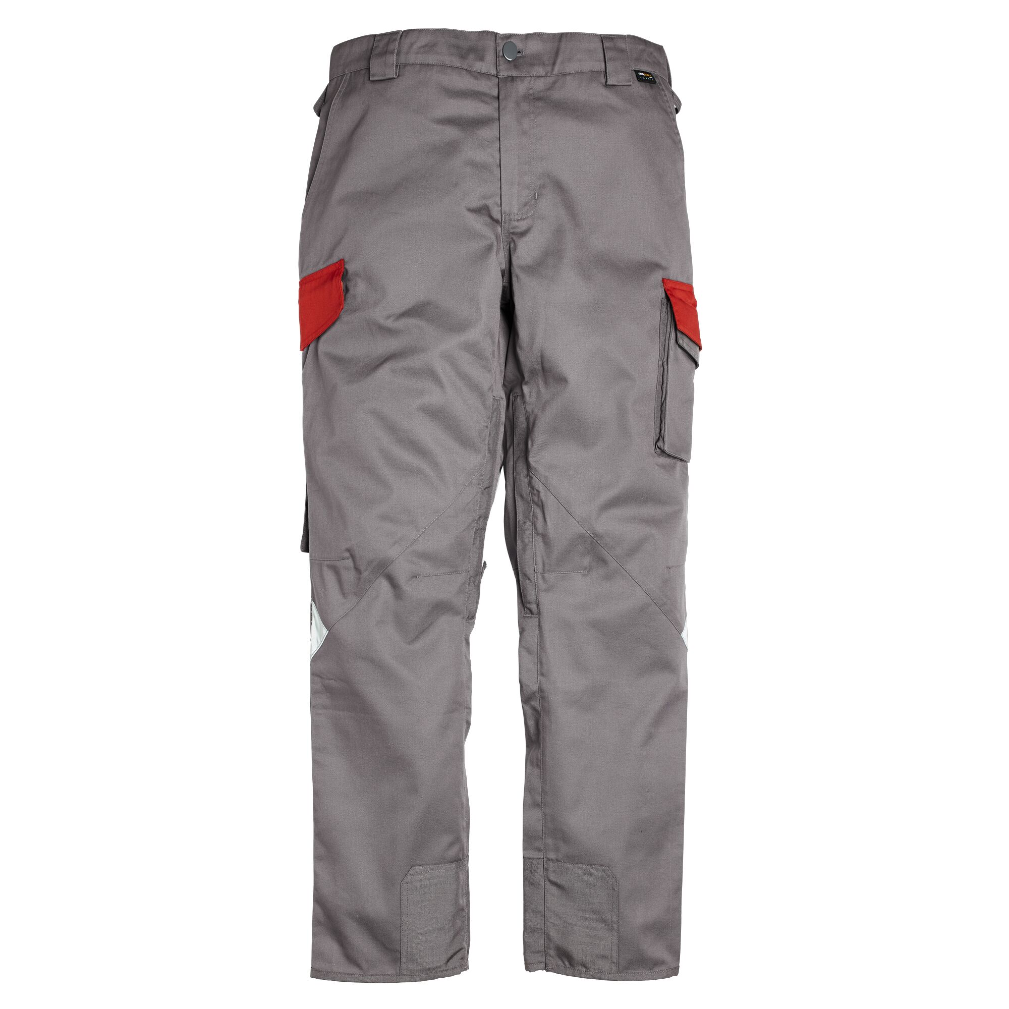 Graue Arbeitshose mit roten und grauen Applikationen