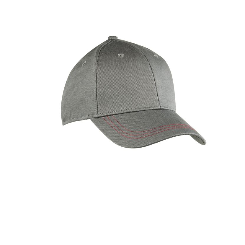 Graue Basecap mit roten Nähten am Schirm.