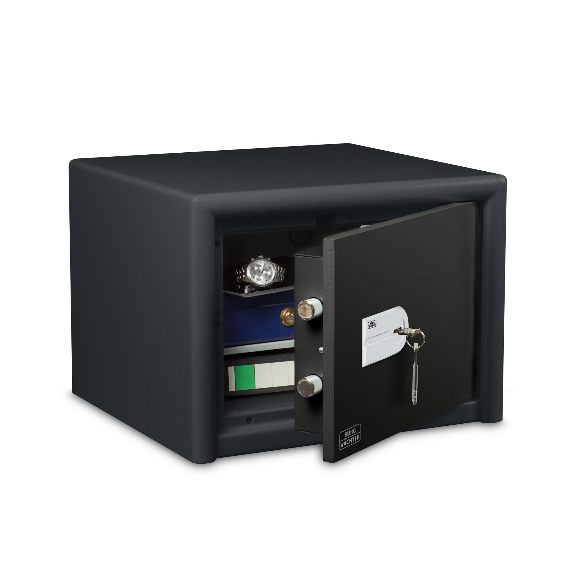 Offener Tresor mit Inhalt und Schlüssel im Schloss